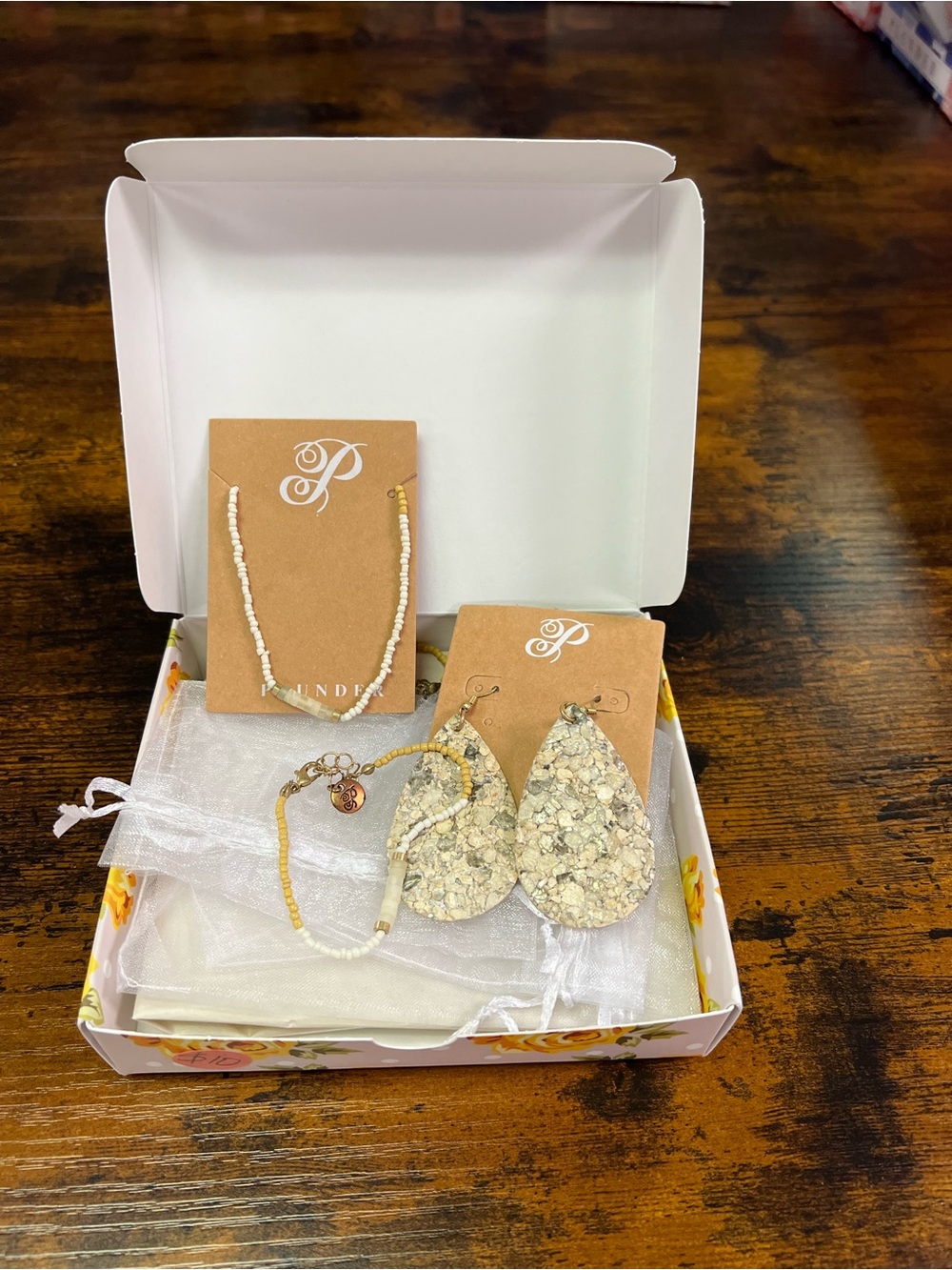 Plunder Cream Teardrop Cork Earrings and Beaded Necklace & Bracelet Set